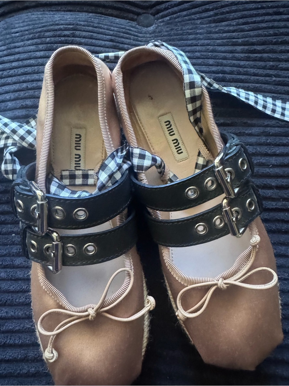 Miu Miu Brown Satin Ballet espadrille with Black Double Buckle Straps size 35.5